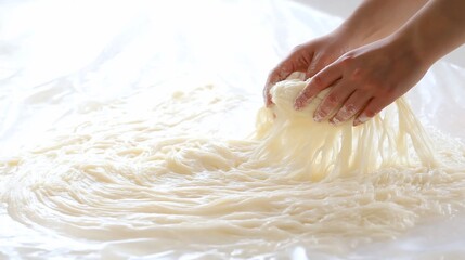 Obraz premium Hands shaping fresh, white noodle dough on a plastic sheet.