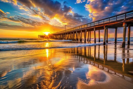 Fototapeta California sunrise paints Ventura's beach pier in vibrant hues  a stunning coastal dawn photograph.