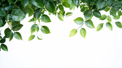 Lush green leaves on branches isolated on white background.