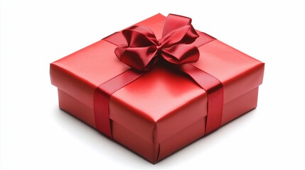 Obraz premium Red gift box with a satin ribbon bow isolated on white background.
