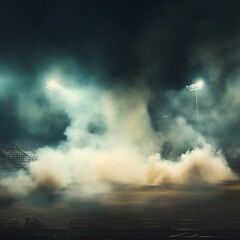 A stadium with smoke and lights