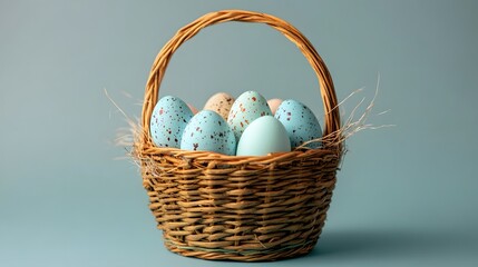 Fototapeta premium A charming Easter basket filled with colorful speckled eggs, evoking a joyful springtime mood and vivid pastel hues.