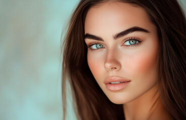 Obraz premium Close-up portrait of a beautiful brunette woman with freckles, blue eyes, and natural makeup against a soft background.