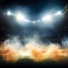 A stadium with smoke and lights
