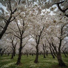 Fototapeta premium A grove of white cherry blossom trees in full bloom on a cloudy day.