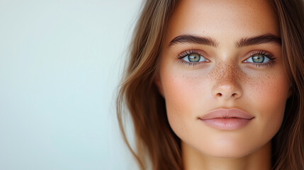 Close-up portrait of a young woman with freckles, glowing skin, blue eyes, and natural makeup against a soft background.