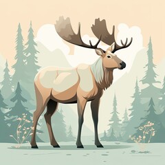 Minimalistic Moose Artwork in Soft Light Tones and Flat Design