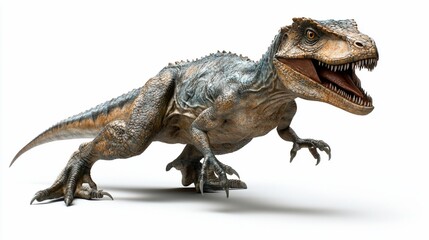 Obraz premium A fearsome, blue and brown theropod dinosaur, rendered in 3D, stands alert on a white background.