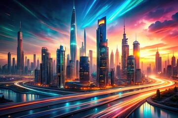 Fototapeta premium Elegant, abstract cityscapes of 2025: long exposure photography painted in futuristic brushstrokes.