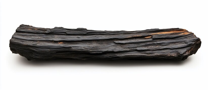 Charred wood log isolated on white background.