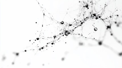 Abstract black ink droplets and threads on white background.