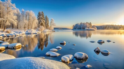 Serene winter landscape featuring snow-covered rocks in a calm lake, surrounded by frost-covered trees at sunrise