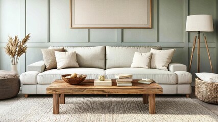 Cozy living room with pastel walls, light gray sofa, wooden coffee table, and a warm, minimalist atmosphere..