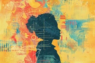 Obraz premium A Modern Graphic Design Featuring a Teachers Silhouette, A modern graphic design featuring a teacher's silhouette overlaid with uplifting words and symbols