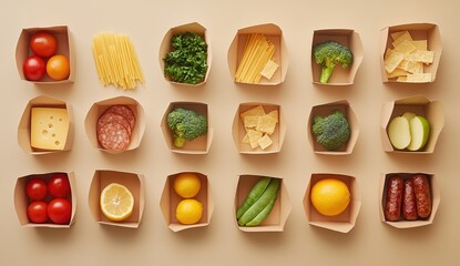 Healthy Meal Prep:  Organized Food Boxes with Vegetables, Fruits, Pasta, and Cheese for Balanced Diet.