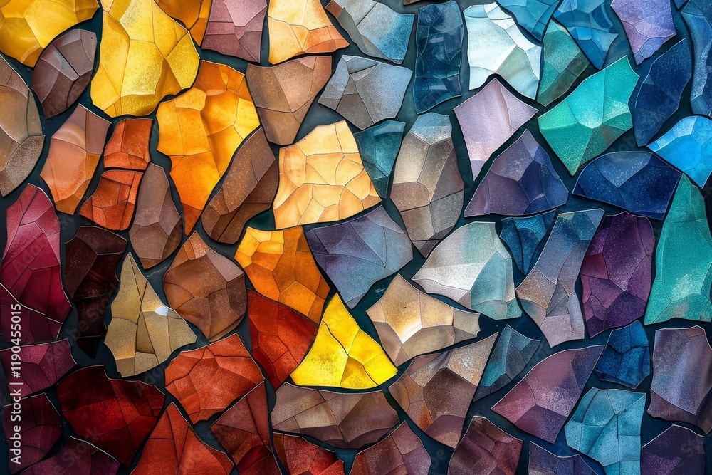 Poster an abstract mosaic pattern with various shapes and colors, mosaic of shapes and shades blending toge