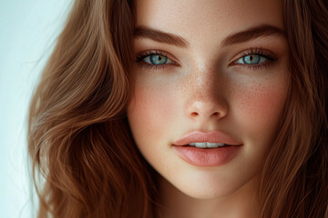 Fototapeta premium Portrait of a young beautiful woman with freckles, glowing skin, blue eyes, and natural makeup against a soft background.