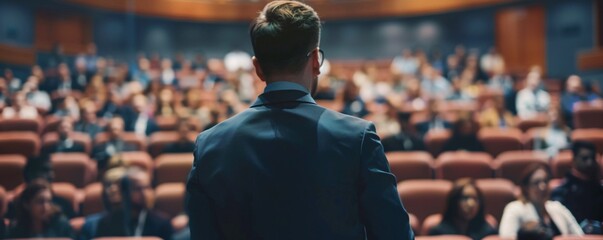 A man stands in front of a crowd of people