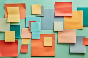 A collection of various sized and colored sticky notes placed on a light green background, A pack of sticky notes in various sizes and colors