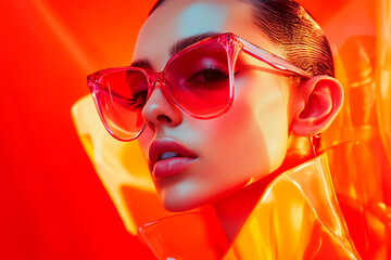 Stylish beautiful woman wearing oversized stylish red sunglasses, fashion and elegance. Fashion portrait.