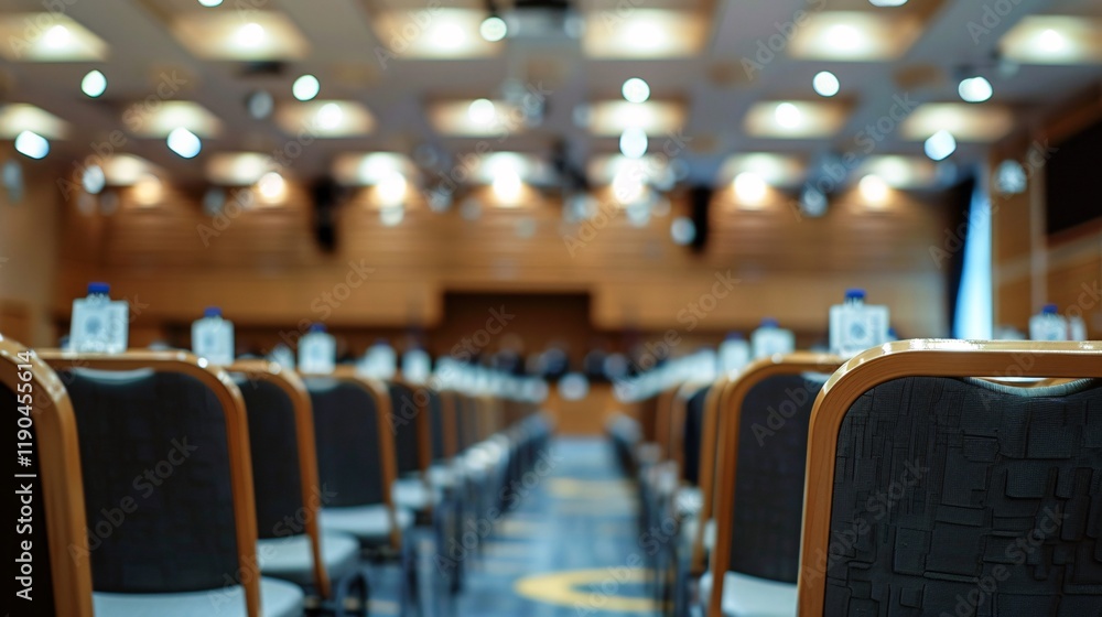 Poster a large auditorium with rows of chairs and a projector screen