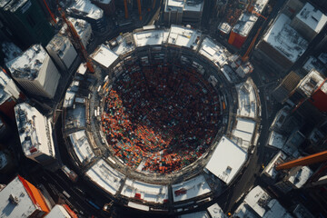 Massive global market showcasing the dynamic flow of commodities and trade in a bustling urban environment