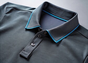Grey men's polo shirt with textured fabric and subtle blue piping detail, perfectly styled for a product shot.