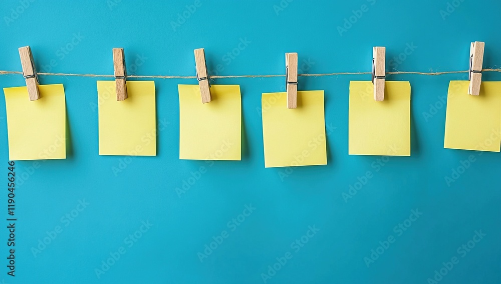 Poster organize ideas with sticky notes and clips on string: simple, effective, and visually appealing memo