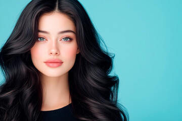 Naklejka premium Beautiful woman with natural beauty with long black wavy hair, glowing skin, soft makeup, and blue background, elegant and stylish portrait.
