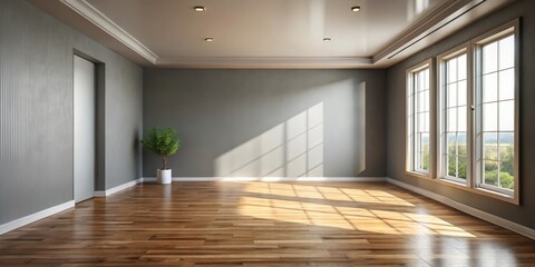 Obraz premium Sunlit Empty Room with Hardwood Floor and Large Windows Ready for Design