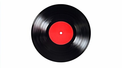 Fototapeta premium A black vinyl record with a red label, isolated on white background.