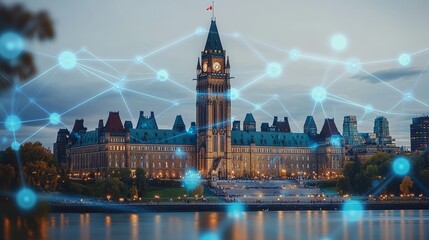 Parliament Hill, Ottawa Canadian Government Building in Digital Network, Technology Concept