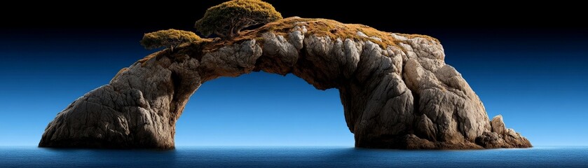 Stone Archway: A dramatic and surreal natural stone archway rises from the azure sea, creating a frame for a boundless sky. The rugged, timeworn rock formation evokes a sense of awe and wonder.