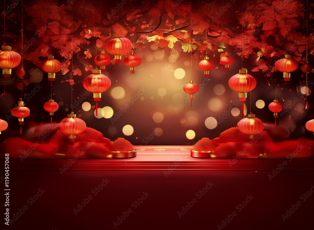 Poster luminous red lanterns hang amidst stylized red foliage, creating a festive, celebratory backdrop wit