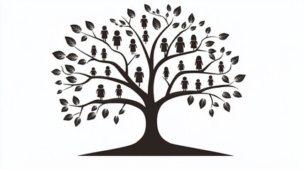 Fototapeta premium Family tree illustration; black silhouettes of people on branches.