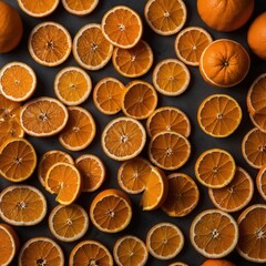 Flat lay of fresh orange slices on a dark background with vibrant textures
