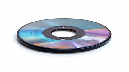 Close-up of a reflective, iridescent disc with a central hole, isolated on white.