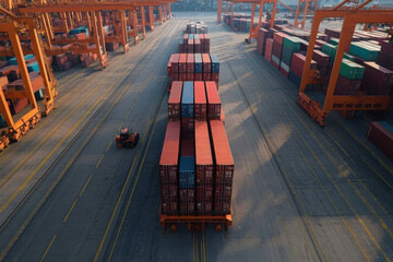 Economic circulation of goods in an active shipping port with containers and cranes