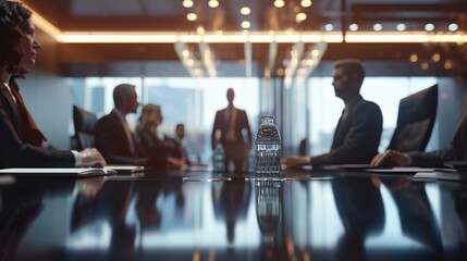 A group of people are sitting at a table in a conference room