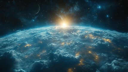 Stunning view of Earth from space during a vibrant sunrise, showcasing city lights and celestial details.