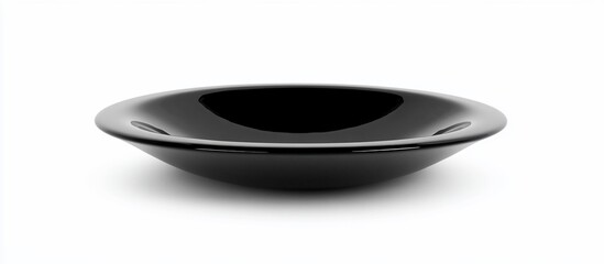 Black, round, shallow bowl isolated on white background.