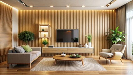 Modern, cream-toned living room features a stylish wooden slat wall and minimalist TV cabinet.
