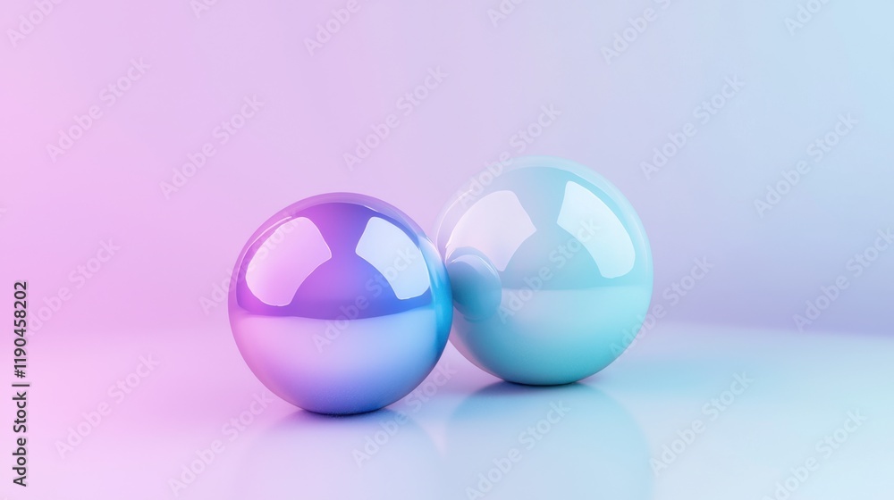 Poster colorful reflective spheres resting on a smooth surface in a gradient background