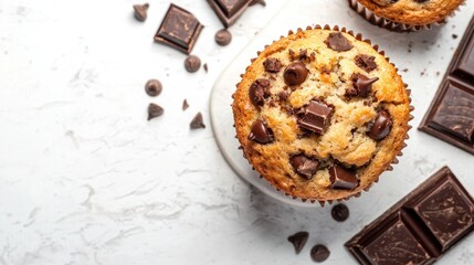 Fototapeta premium Freshly baked chocolate chip muffins with chunks of dark chocolate and cocoa pieces on a marble countertop