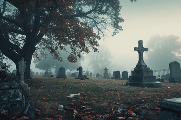 A misty graveyard with tall, cross-marked headstones, bathed in the early morning fog, A spooky graveyard with fog rolling in