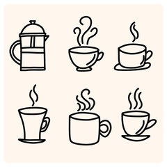 Hand drawn hot drinks set. Doodle coffee cups cream background.