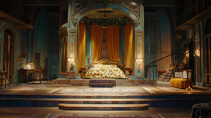 Exotically Decorated Bedroom with Raised Platform Bed, Vibrant Colorful Curtains, Eclectic Rugs, and Warm Lighting Creating a Bohemian and Luxurious Ambiance