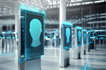 Digital facial recognition technology displayed in a modern airport terminal environment
