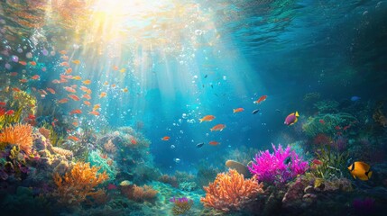 Obraz premium Vibrant underwater coral reef teeming with colorful fish and sunlight beams in clear ocean water