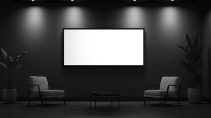 Dark room with blank frame, two armchairs, and plants.